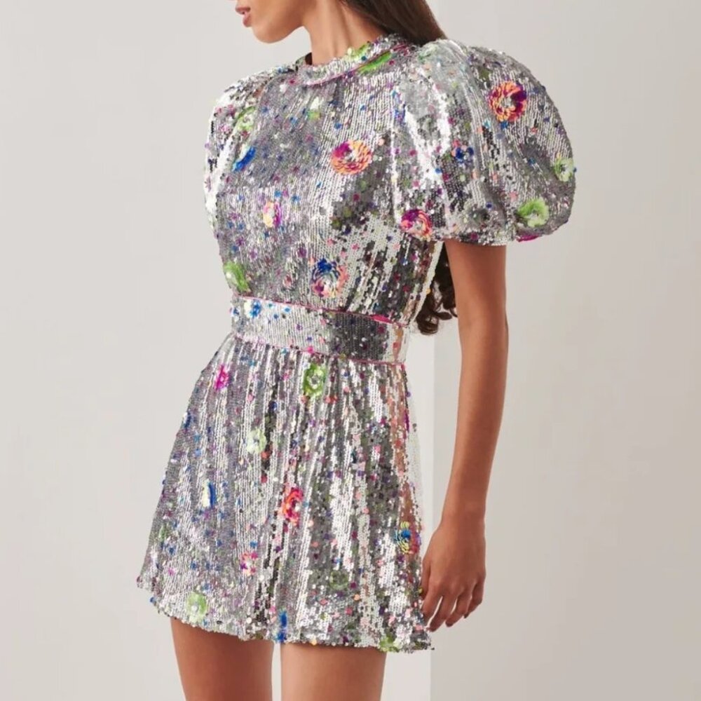 CeliaB Silver Sequin Mini Dress with Floral Accents